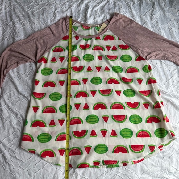LeLis Watermelon Print Raglan Sleeve Baseball Tee Top Dusty Pink Red and Green - Picture 5 of 7